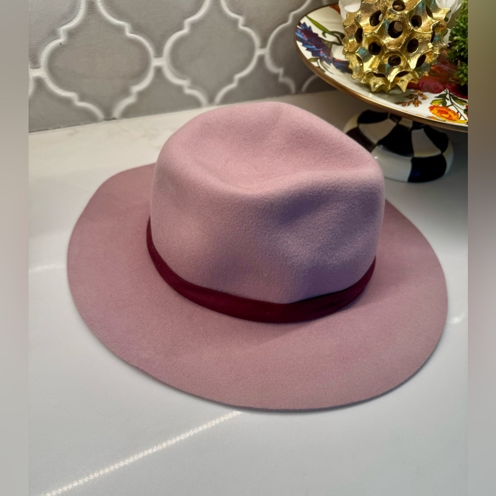 Sole Society Blush Pink Felt Fedora Hat w/ Wine Ribbon | Adjustable Wide Brim